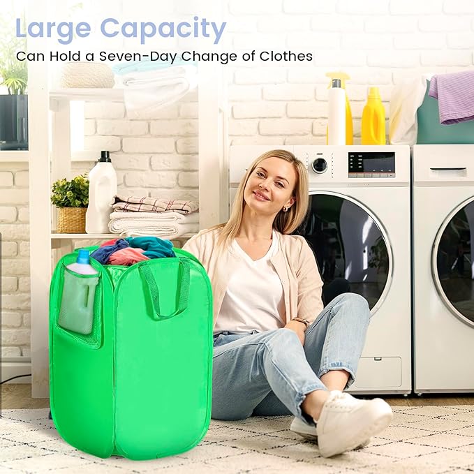 HOUSE AGAIN Upgraded Polyester Pop Up Laundry Hamper, Collapsible Laundry Baskets with Durable Handles Solid Bottom High Steel Frame and Side Pocket, Easy Open & Save space,Perfect for Storage(Green)