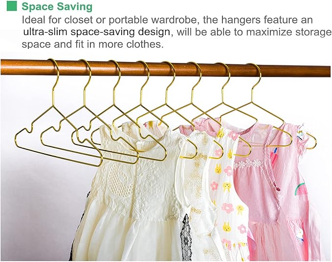 Amber Home 20 Pack 12 Inch Gold Kids Baby Hangers, Strong Metal Children Clothes Hangers for Closet, Space Saving Infant Hanger for Toddler Coats Pants (Gold, 20)