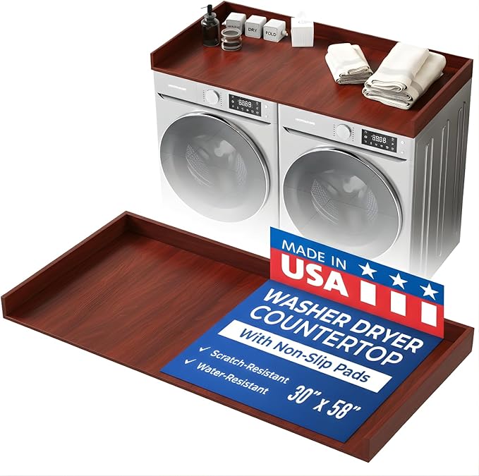 OfficeSimpli Washer Dryer Countertop, Made in USA, Non-Slip Pads, Laundry Room Wood Topper, Washer Dryer Cover for Top, Laundry Countertop, Laminate Finish (Mahogany, Large (30" x 58"))