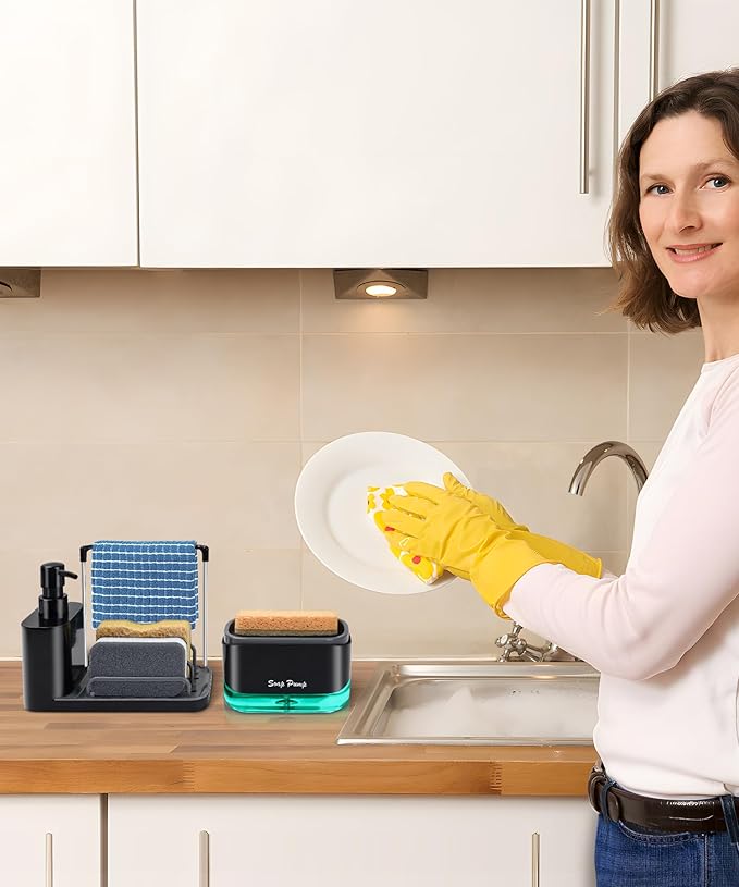 Kitchen Soap Dispenser Set with Tray and Sponge Holder, Dish and Hand Soap Dispenser with Dishcloth Holder 5-in-1 Kitchen Sink Countertop Storage Organizer, Practical Kitchen Gadgets - Black