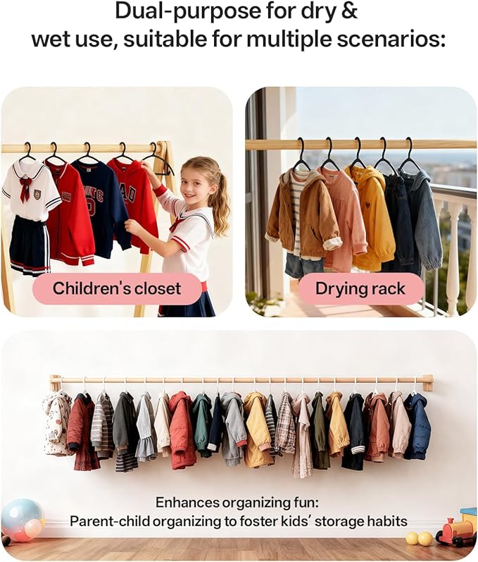 60 Pack Kids Hangers, Non-Slip & Sturdy Coat Hangers, Ultra-Thin Plastic Suit Hangers for 7-12 Years Old, Dry & Wet Dual-Use Multi-Scenario Storage, Holds Up to 11 LB, 14" W, Black, UAPY0960B