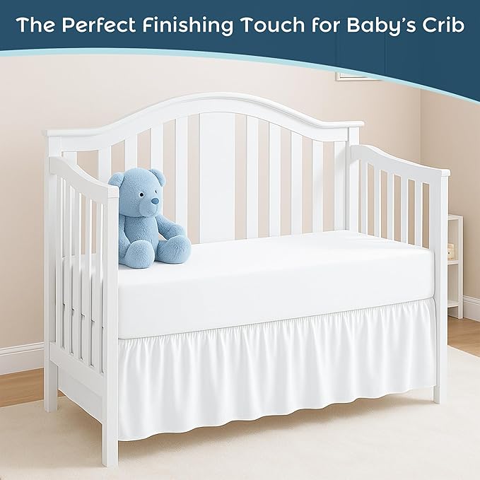 White Crib Bed Skirt, Perfect for Nursery Crib for Boys & Girls with a 14" Drop and Size 28"x 52"