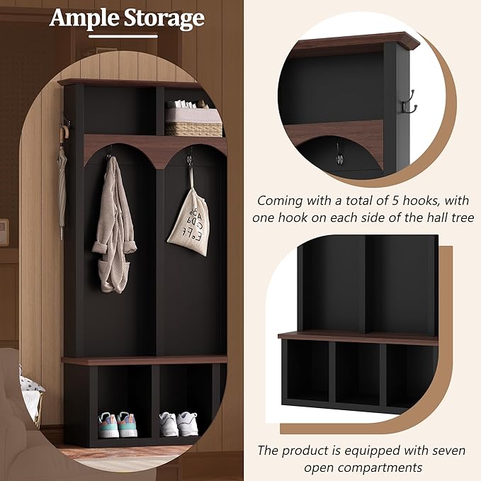 Farmhouse 59" Wide Hall Tree with 5 Black Hooks and Arched Design, Wood Grain Bench with Open Compartments, 4-in-1 Hallway Shoe Cabinet for Mudroom, Living Room (Black-9.9)