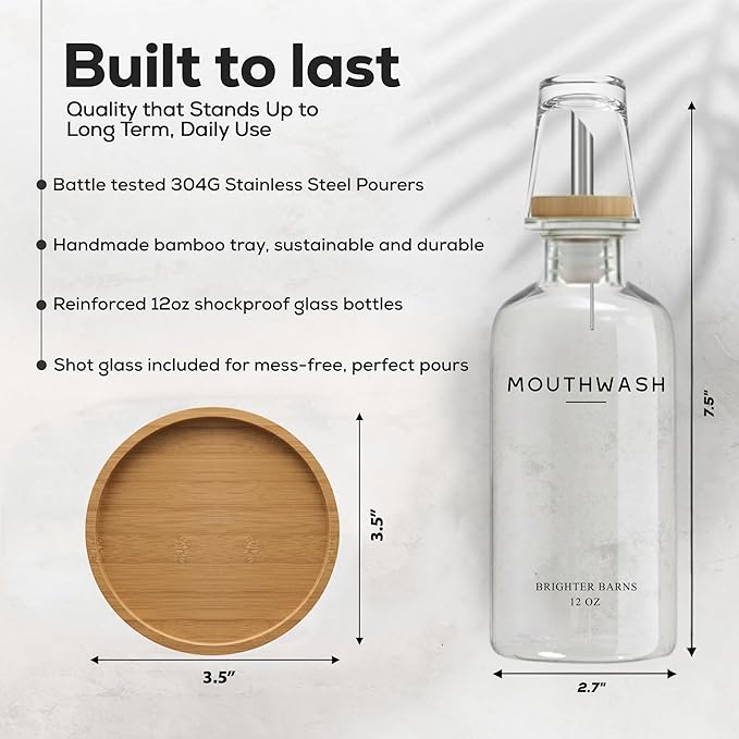 Glass Mouthwash Dispenser for Bathroom by Brighter Barns - Refillable Mouthwash Container with Glass Cup and Bamboo Tray - Mouth Wash Dispensers for Bathroom Sink, Home Decor, Airbnb, Office (Clear)