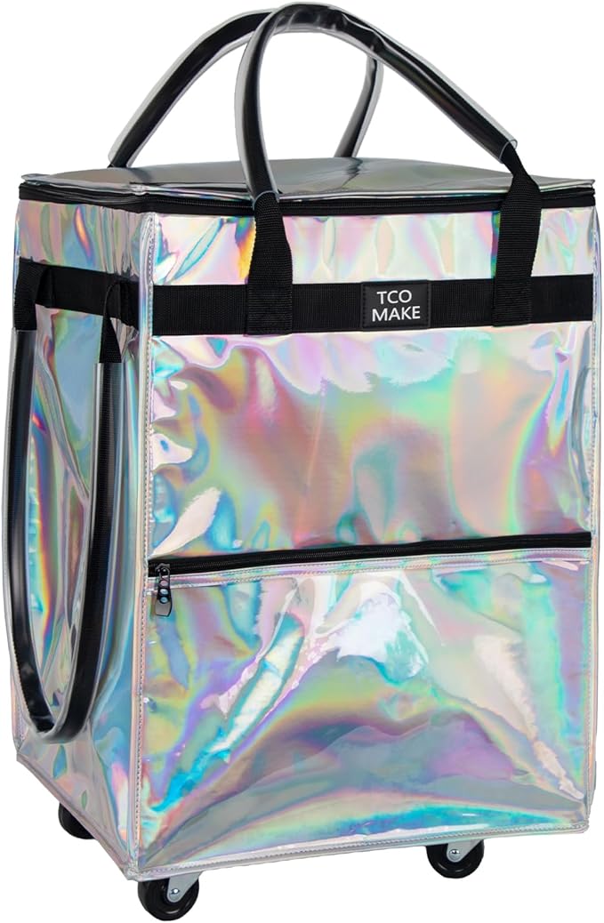 Reusable Grocery Bag on Wheels, Rolling Shopping Bags with Wheels and Handle, Folding Rolling Tote Trolley, 3 Pockets and Zipper Cover, Carries Up to 46 LBS (Medium, Phantom White)
