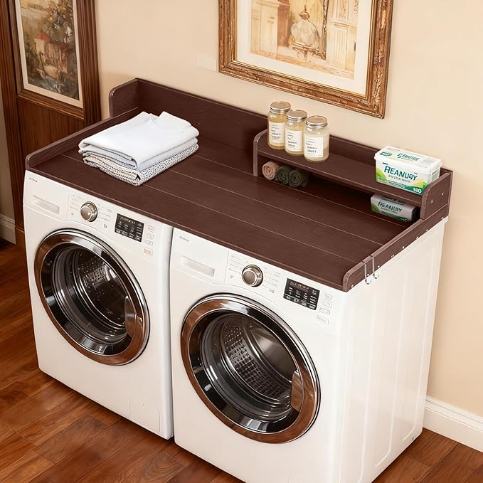 Washer Dryer Countertop, HDPE Laundry Countertop with Storage Shelf and Edge Rails-Brown