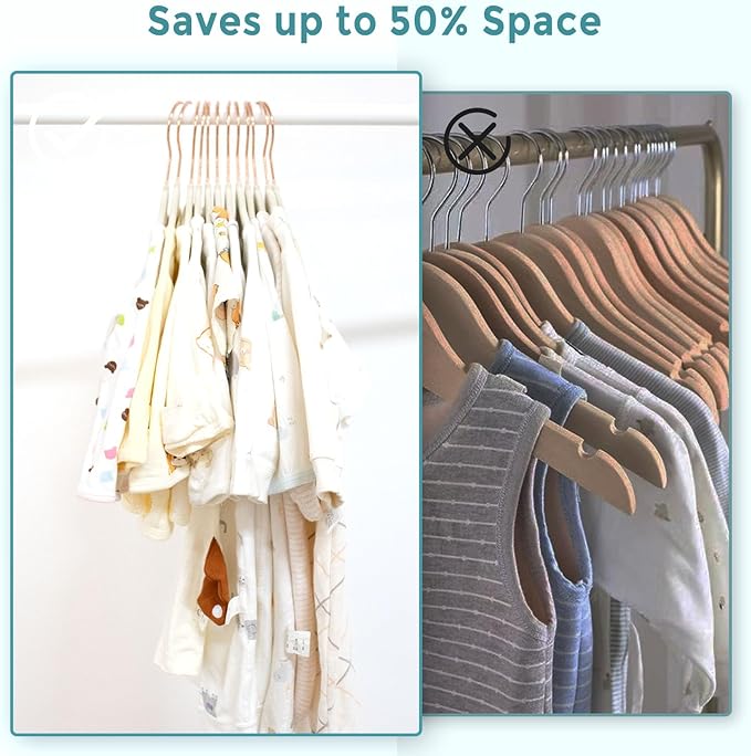 Baby Velvet Hangers 30 Pack - 11 Inch Premium Felt Non Slip Kids Hanger for Infant & Toddler Clothes - 0.2" Slim Space-Saving Baby Felt Hangers for Children's Closet with 10 Clips - Beige