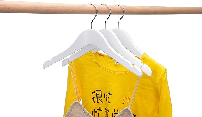 Quality 12 Inch White Kids Wooden Hangers - Children Hangers with Multifunctional Notches & 360 Degree Swivel Chrome Hook - Kid Coat Hangers for Clothes Size 8 and Smaller (White, 20)