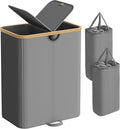 SONGMICS Laundry Hamper with Lids, Laundry Basket with 2 Compartments, 39 Gal. (150 L), Removable Liner Bag, for Laundry Room, Bedroom, Living Room, Slate Gray and Light Bamboo ULCB523G01