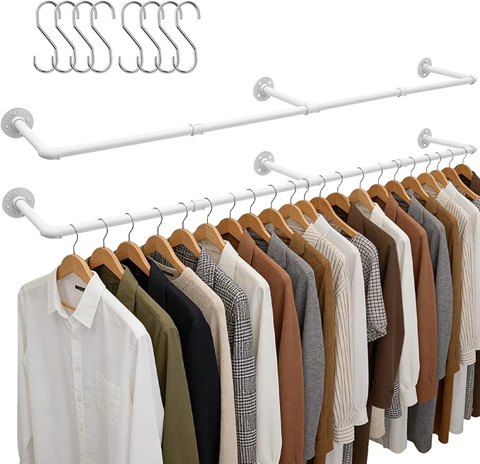 Aduanbang 65.7in Industrial Pipe Wall Mounted Clothes Rack, Heavy Duty Detachable Iron Garment Bar, Rustic Space-Saving Hanging Rod for Bedroom, Closet – White,4 hooks