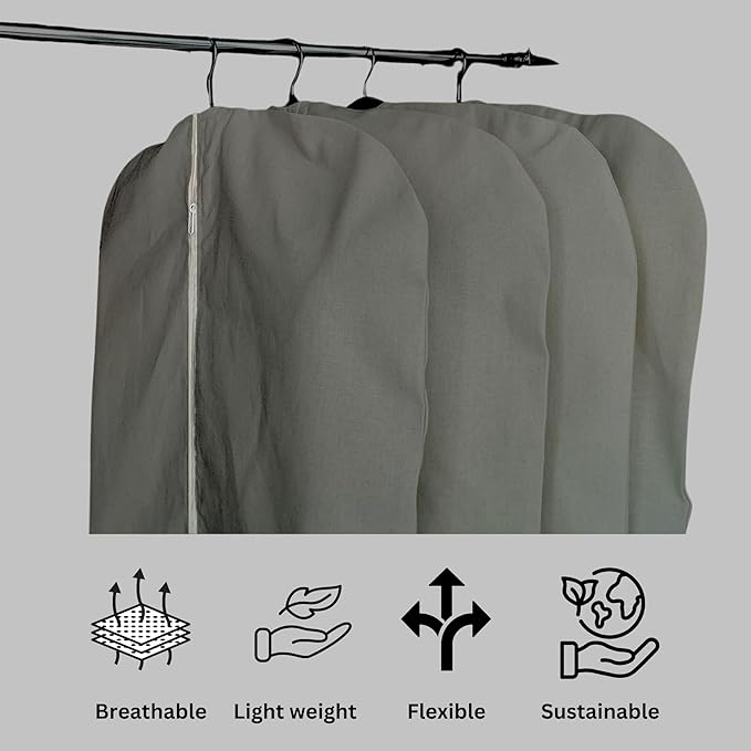 Premium 100% Cotton Garment Bags – 60" Gray Canvas Suit Cover with YKK Zipper – Breathable, Dust-Proof Storage for Suits, Coats, Dresses, Jackets & Travel/Closet Use