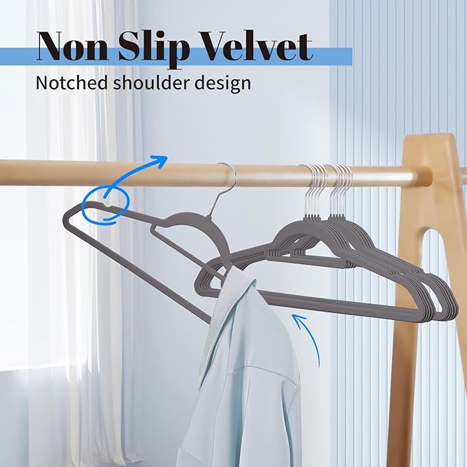 Smartor Grey Velvet Hangers 20 Pack, Space Saving Clothes Hangers with Tie Bar, Non-Slip Felt Hangers with Shoulder Notches, Heavy Duty Suit Hangers for Coat, Shirt, Pants, Dress