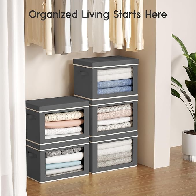 Collapsible Storage Bins with Lids - Stackable Storage Boxes with Window, 15.7 Inch Fabric Organizing Bins for Closet, Home & Office Organization Baskets, Dark Grey, 3 Pack