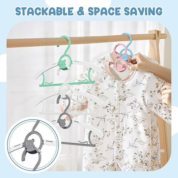 30 Pack Kids Hangers for Nursery Closet, Adjustable Non-Slip Toddler Baby Hangers with Windproof Buckle, 11-14" Infant Child Plastic Clothes Pant Hanger for Boys Girls Newborn Adult, Multi