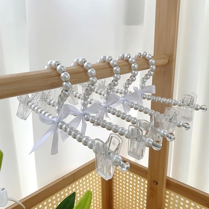13 inch Pearl Hanger Pants Hangers with Clip,Cute Ribbon Bow Hanger Clip Hangers for Wedding Dress Bride Bridesmaid Lingerie (5, White)