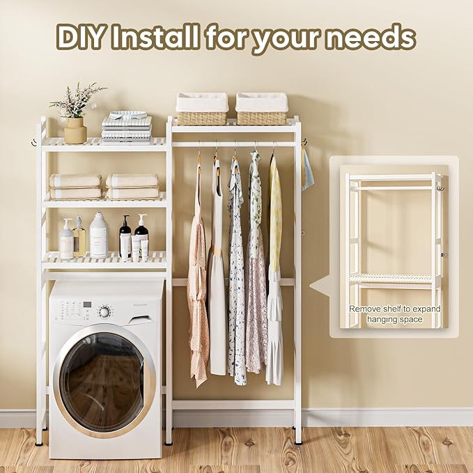 Over The Washer and Dryer Storage Shelf Bamboo,5 Tiers Laundry Room Drying Rack with Adjustable Shelves and 4 Hooks,Space Saver Organizer for Hanging Clothes and Towels (White)