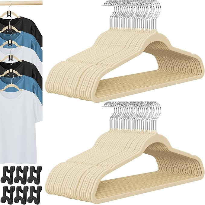 Velvet Hangers 50 Pack, Felt Hangers Clothes Coat Hanger Velvet with 360° Swivel Hook Slim Space Saving Non Slip Heavy Duty for Closet Organizer Pants Shorts Suits Shirt Clothing, Ivory White