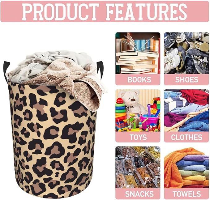 Leopard Print Animal Cheetah Round Laundry Hamper Storage Basket Toys Clothes Organizer Bin For Home Bathroom Bedroom Dorm Nursery, 38l