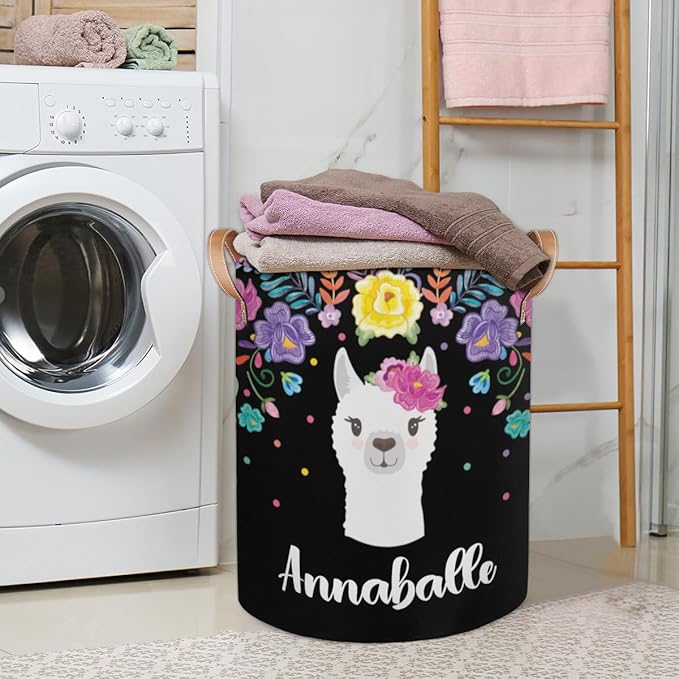 Personalized Laundry Basket, Custom Gift Laundry Hamper, Collapsible Nursery Waterproof Laundry Baskets, Dirty Clothes Toy Hamper with Handles Llama Colorful Floral