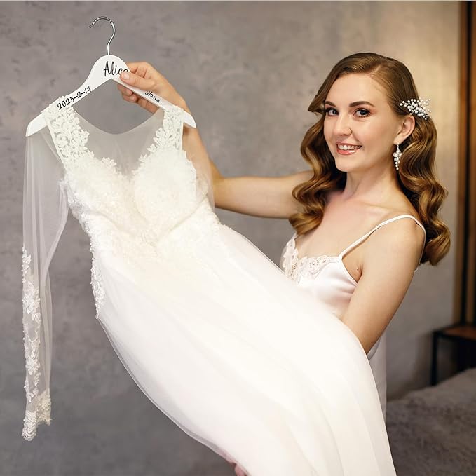 Personalized Bride Hanger for Wedding Dress, Wooden Bridesmaid Hangers 10 Pack and 15 Pcs Letter Stickers for Tuxedo Suit Wedding Gift Bridal Party Shower DIY Special Names Dates (White)