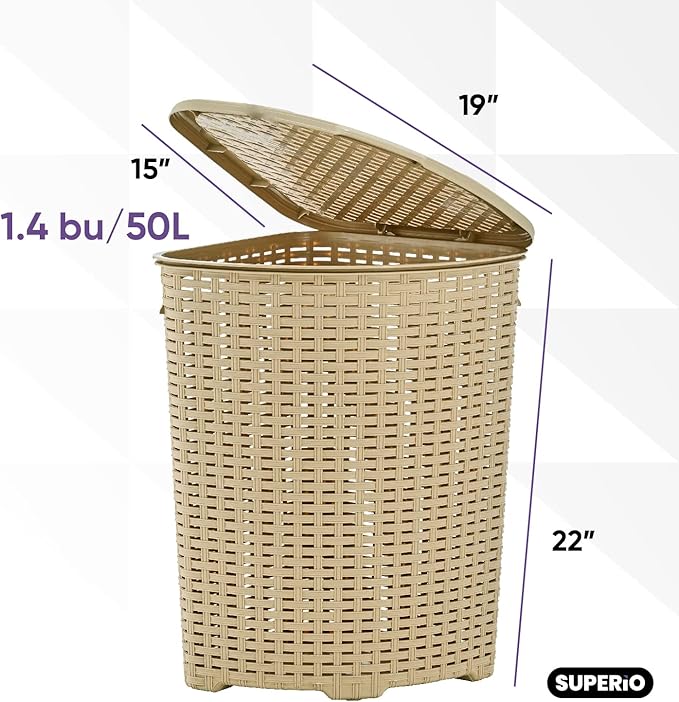 Plastic Corner Laundry Hamper with Lid, Curved Designed Laundry Basket, 2 Pack Triangle Beige Cloths Hamper Organizer with Cut-out Handles for Laundry Room Bedroom Bathroom, Wicker Design, 50 Liter