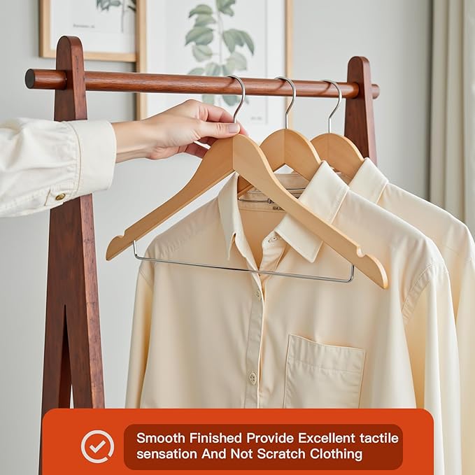 Wooden Hangers 30 Pack,Wood Hanger with Iron Pants Bar, Heavy Duty Coat Hanger, with 360-degree Hook，Smooth Finish Wooden Clothes Hangers, Sturdy Clothes Hangers for Suit Coat Jacket Pants Natural