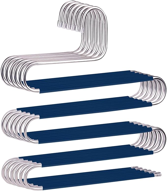 Devesanter Space Saving Non-Slip 6 Pack S-Shape Trousers Hangers - Stainless Steel Closet Storage Organizer for Pants, Jeans & Scarves - Blue