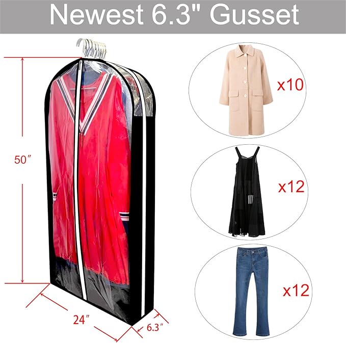 6.3"Gusseted Garment Bags for Hanging Clothes with Dual Zippers- Full Clear Front & Sides PEVA,50"Breathable Dust-proof Waterproof Dress Covers for Closet Storage,Travel,Moving,Black,5 Pack