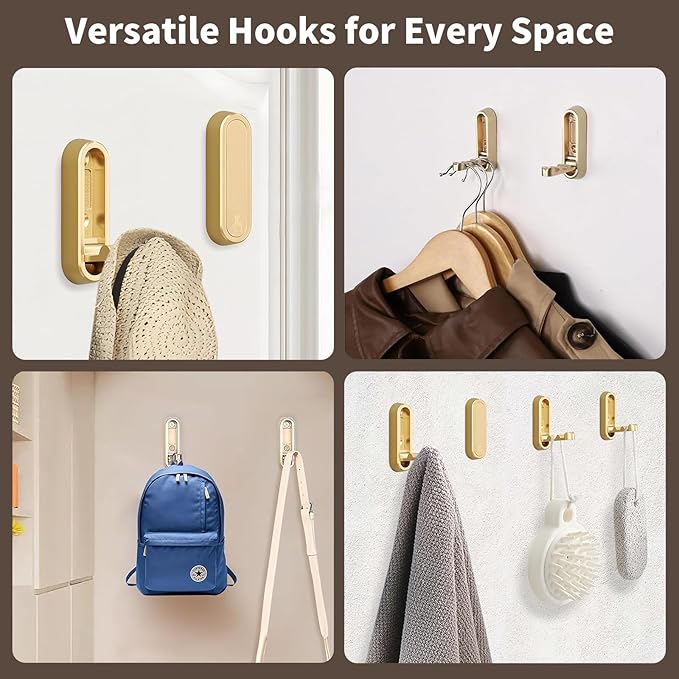 2Pcs Foldable Wall Hooks, Zinc Alloy Folding Hook Gold, Heavy Duty Folding Coat Hooks Wall Mounted for Hanging Coat Towels Bags Keys (Gold, 2 Pack)