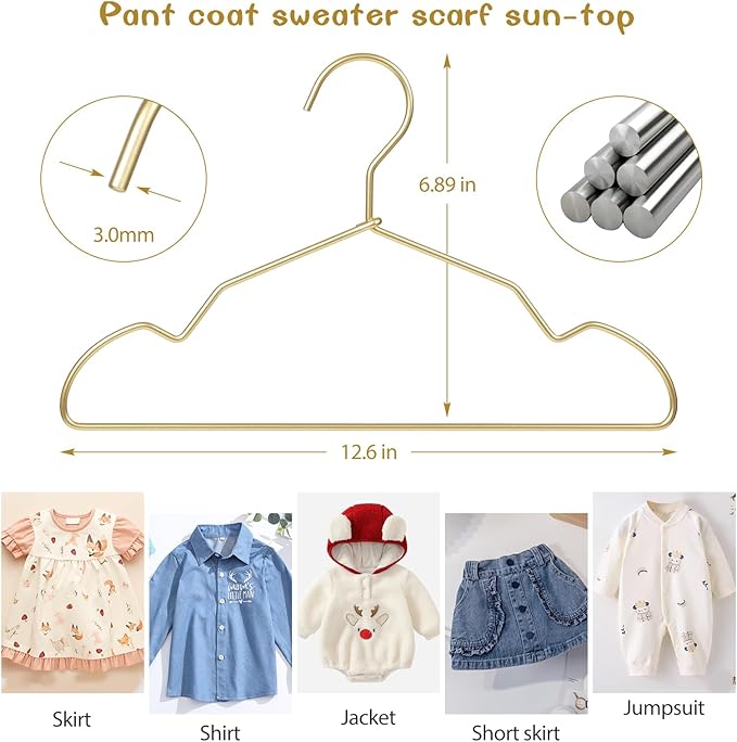 VWV Gold Aluminum Hangers, 20 Pack Baby Hangers?12.6 Inch Children Baby Hanger, Sturdy Metal Children Clothes Hangers for Wardrobe, Space-Saving Toddler Hanger
