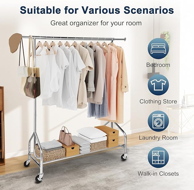Whitmor Heavy Duty Clothes Rack, Rolling Garment Rack with Lockable Wheels, Adjustable & Extendable Metal Clothing Rack Shelves with Bottom Shelf, Max Load 450LBS for Hanging Clothes, Chrome