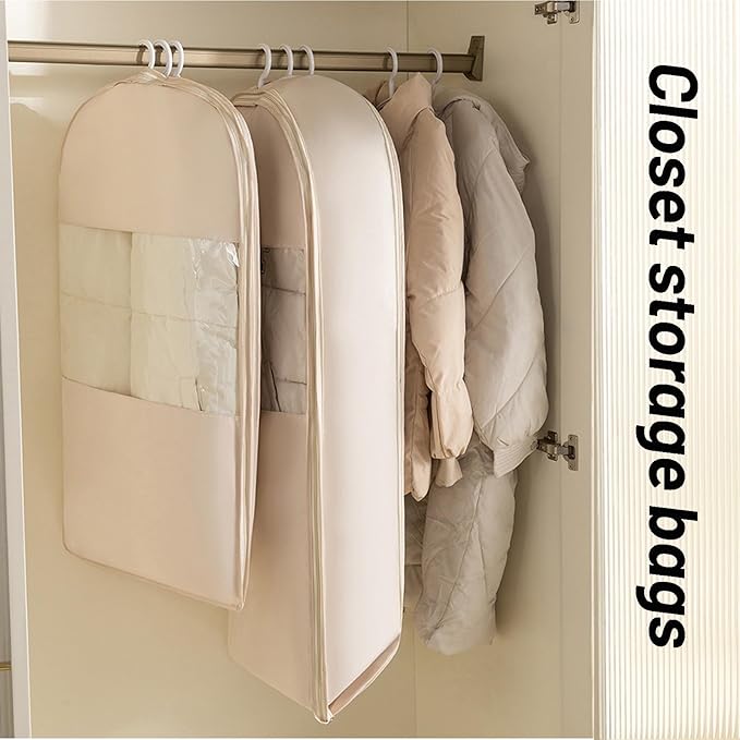 Space Saving Hanging Compression Garment Bag with Zipper for Closet Storage, Hanging Clothes Storage Bag, Garment Covers for Coats and Down Jackets, Beige, M