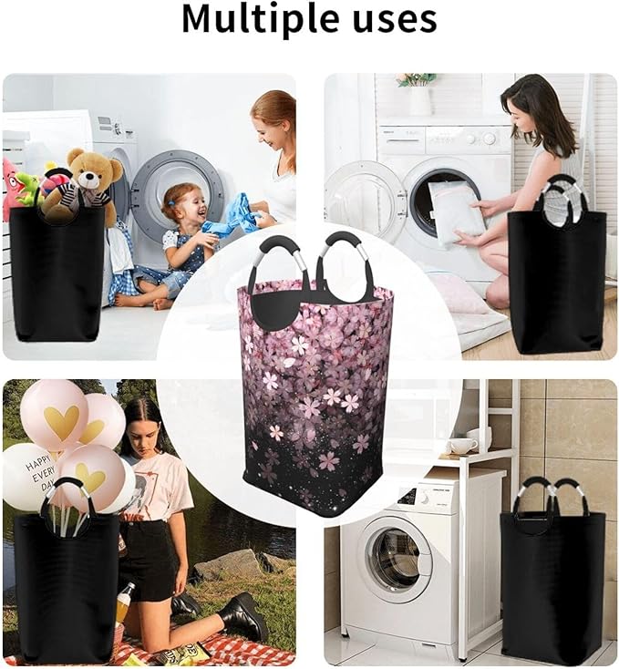 Cherry Blossoms Laundry Basket Pink Flowers Foldable Laundry Hamper Cute Floral Collapsible Laundry Baskets with Handles Clothes Hamper Laundry Tote Bag for Dorm Family Storage Bin 50L