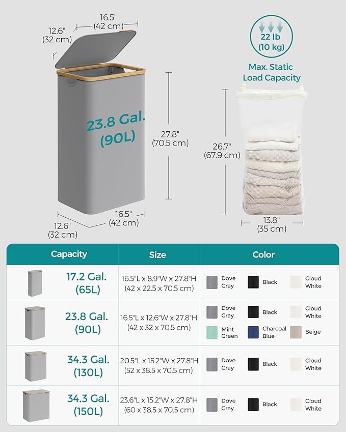 SONGMICS Laundry Hamper with Lid, Large Laundry Basket, 23.8 Gallons (90L), Removable Mesh Liner, Bamboo Handles, Collapsible, 16.5 x 12.6 x 27.8 Inches, Dove Gray ULCB509G01
