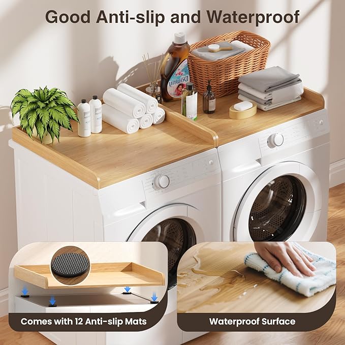 Washer Dryer Countertop Set of 2, 54.34" L x 27.56" W x 2.76" H Laundry Topper for Washer and Dryer, Wood Laundry Countertop with Anti-Slip Pads & Edge Rails for Laundry Room Organization (Light Wood)