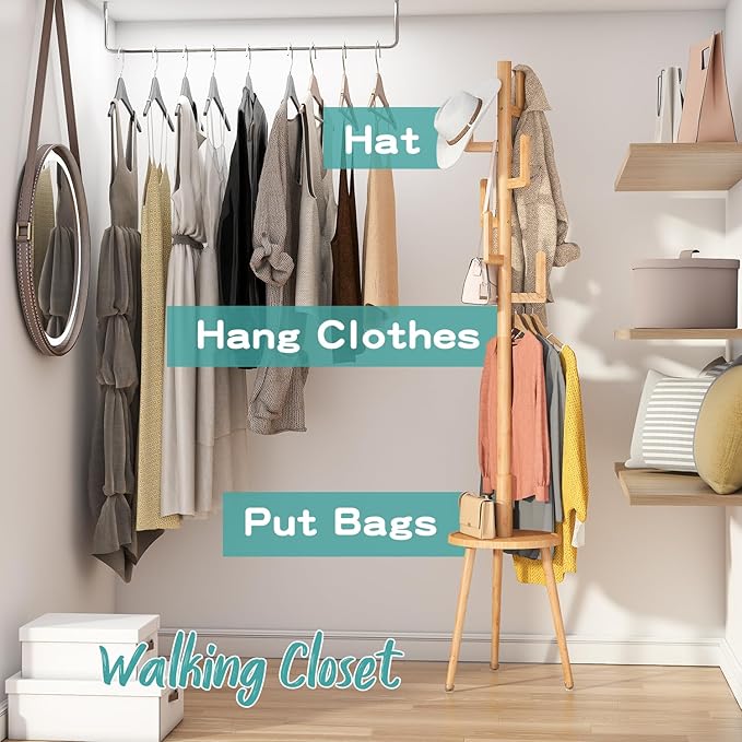 Coat Rack, Wooden Coat Rack Freestanding with Shelf, Bamboo Cactus Coat Tree, Coat Tree for Clothes/Bag/Hats, Hanger Stand for Entryway (Natural)