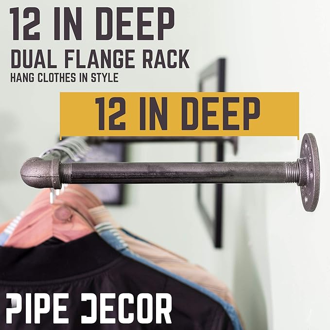 PIPE DECOR Industrial Pipe Wall Mounted Clothing Rack. Heavy Duty Rustic Vintage Steel Grey Black Metal