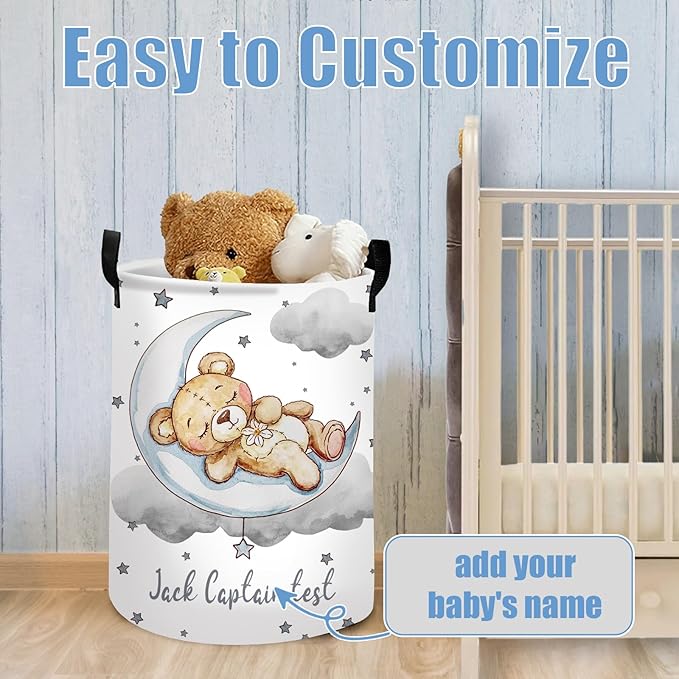 Custom Baby Girl Hamper with Name, 2 Sizes Personalized Name Laundry Baskets for Boys Adults, Customize Bear Toddler Laundry Hamper Storage Organizer for Nursery Utility Room