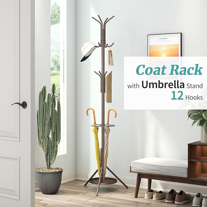 Coat Rack, Coat Rack Freestanding with Umbrella Holder, Adjustable Height Shelf with 12 Hooks, Used In The Bedroom, Living Room, Office To Hang Clothes, Hats, Bags