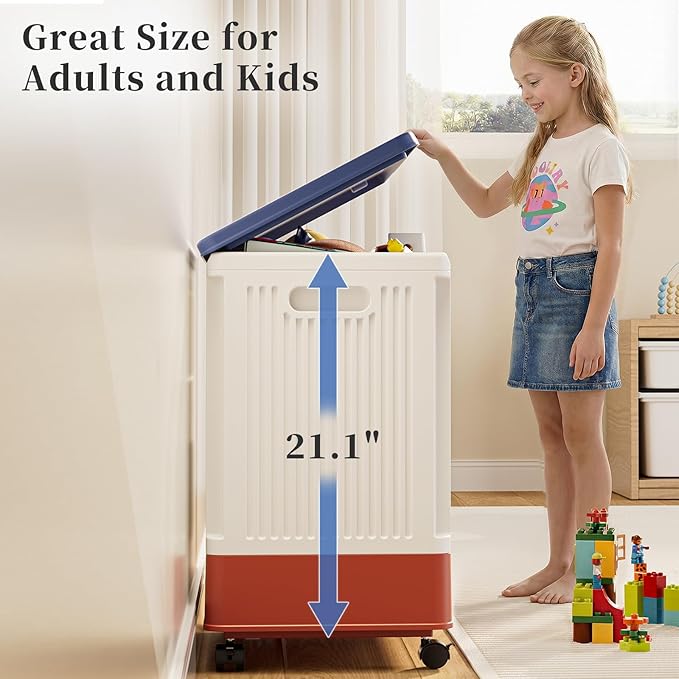 HAIXIN HOME 60L Cute Laundry Hamper, Slim Rolling Laundry Hamper with Lid, Dirty Clothes Hamper Cart with Handle for Bedroom, Bathroom, Closet, Dorm, Blue Lid, White Body and Red Base - Tricolor
