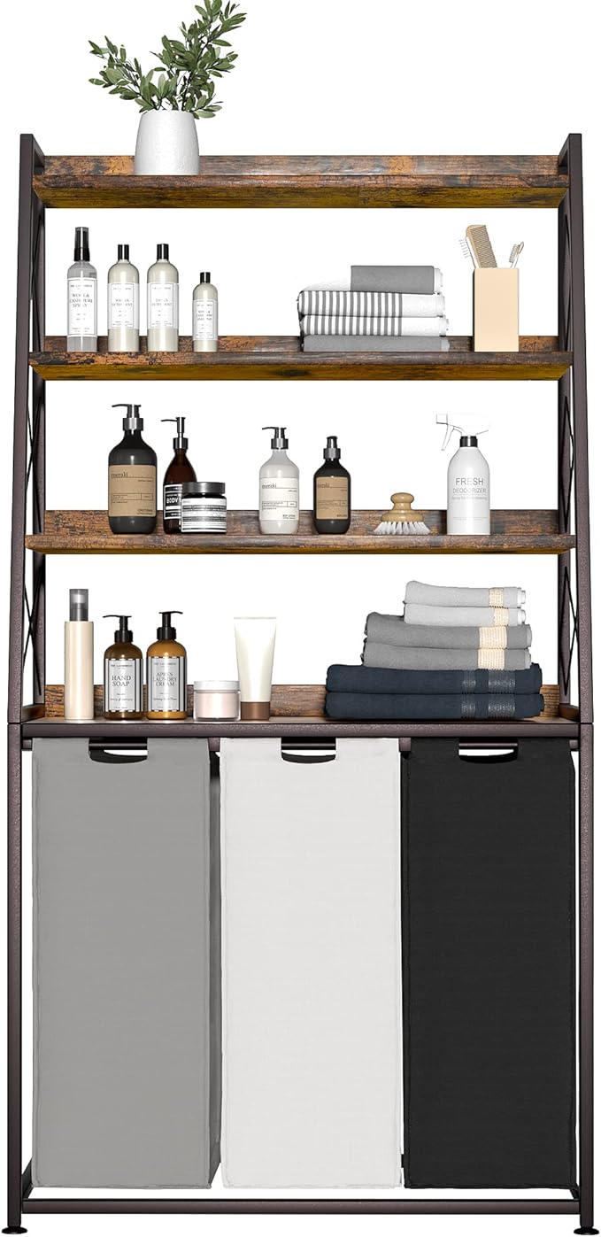 Laundry Basket, 3 Section Laundry Hamper with 4 Tiers Shelf, Pull-Out and Removable Laundry Bags, Large 3 x 15.87 Gallons, for Laundry Room Bathroom Rustic Brown PF05XLN