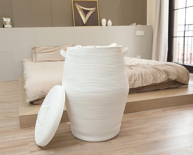 26" x 20" Handcrafted Tall Cotton Rope Basket with Lid, Stylish Flagon Shape with Cover, Clothes Hamper with Top, for Bedroom and Living Room, All White