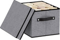 Fabric Storage Bin with Lid, 10.2×7.8×6.7 Inch Foldable Storage Box for Shelves with Handles, Decorative Linen Closet Organizer, Gray, 1-Pack