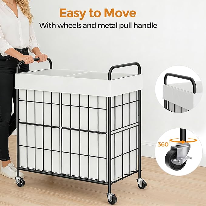 2 Section Laundry Hamper with Wheels and Brake, 100L Laundry Sorter Cart with 2 Removable Machine Washable Liner Bags, Metal Handle, Rolling Laundry Basket with Lid for Bedroom Laundry Room