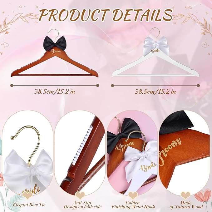 2 Pack Bride and Groom Wedding Hanger Set, Bridal Wedding Dress Hanger with Bow Tie for Wedding Gift Bridal Party & Shower