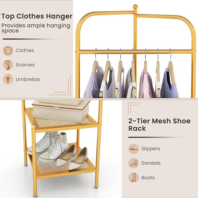 Tangkula Corner Coat Rack with Storage, Simple Hall Tree with Hanging Rod & 2 Mesh Shelves, Anti-toppling Devices, Freestanding Metal Clothes Rack Shoes Shelf Organizer for Entryway Bedroom (Golden)