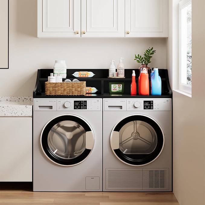 2-Tier Washer Dryer Topper,54" x 27.6" Washer Dryer Countertop with Non-Slip Mat, Laundry Room Organizer with Storage Shelf for Folding & Sorting Clothes, Black