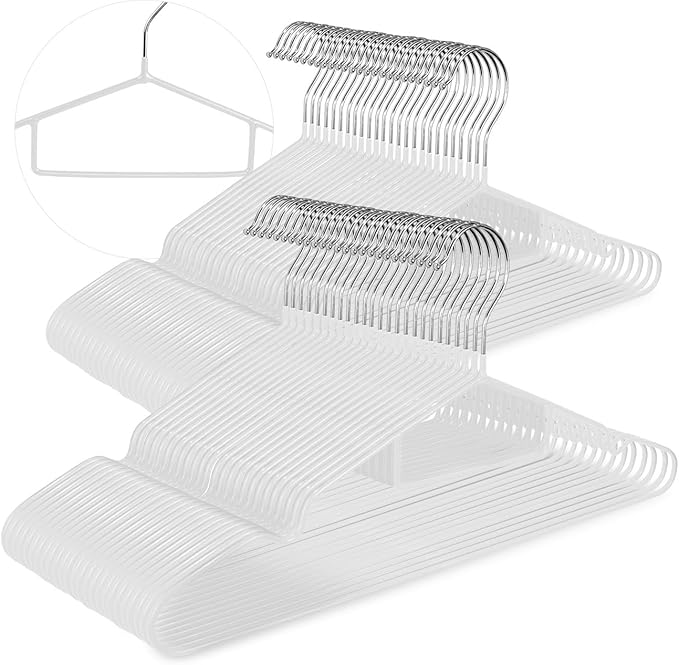 Clothes Hangers, 50Pack White Metal Hangers with Tie Bar, Metal Hangers Heavy Duty with Shoulder Notches for Dress and Camisole,15.7'W Shirt Hanger（White）