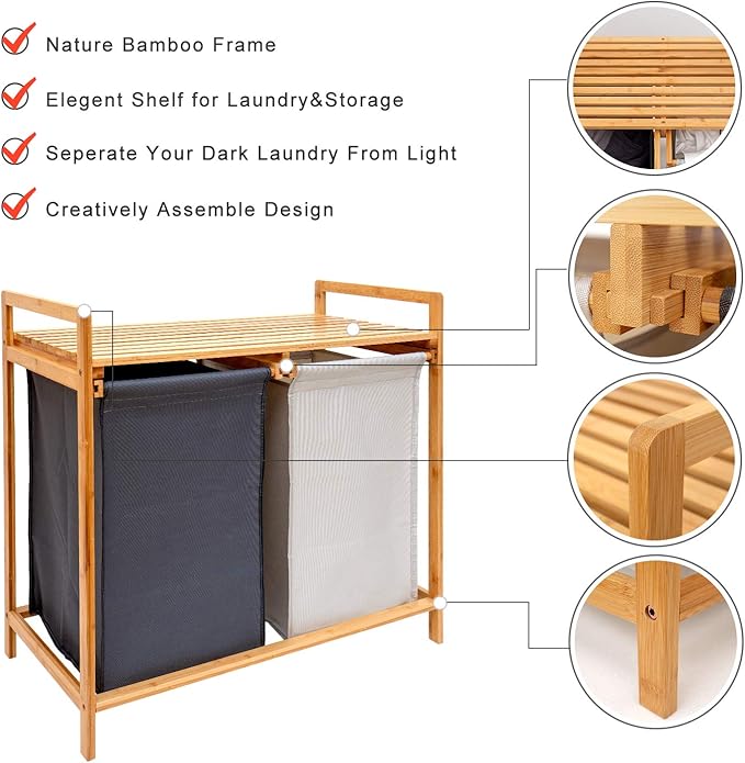 Bamboo Laundry Hamper and Shelf, 2 Sections Basket with Removable Liner, Dual Compartments Organizer and Storage, Wooden Sorter with Sliding Handles