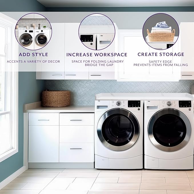 Life Finds 54 inch Washer Dryer Countertop with Safety Ledge for Laundry Room Organization, White Marble Pattern, LF-WDCT1WM